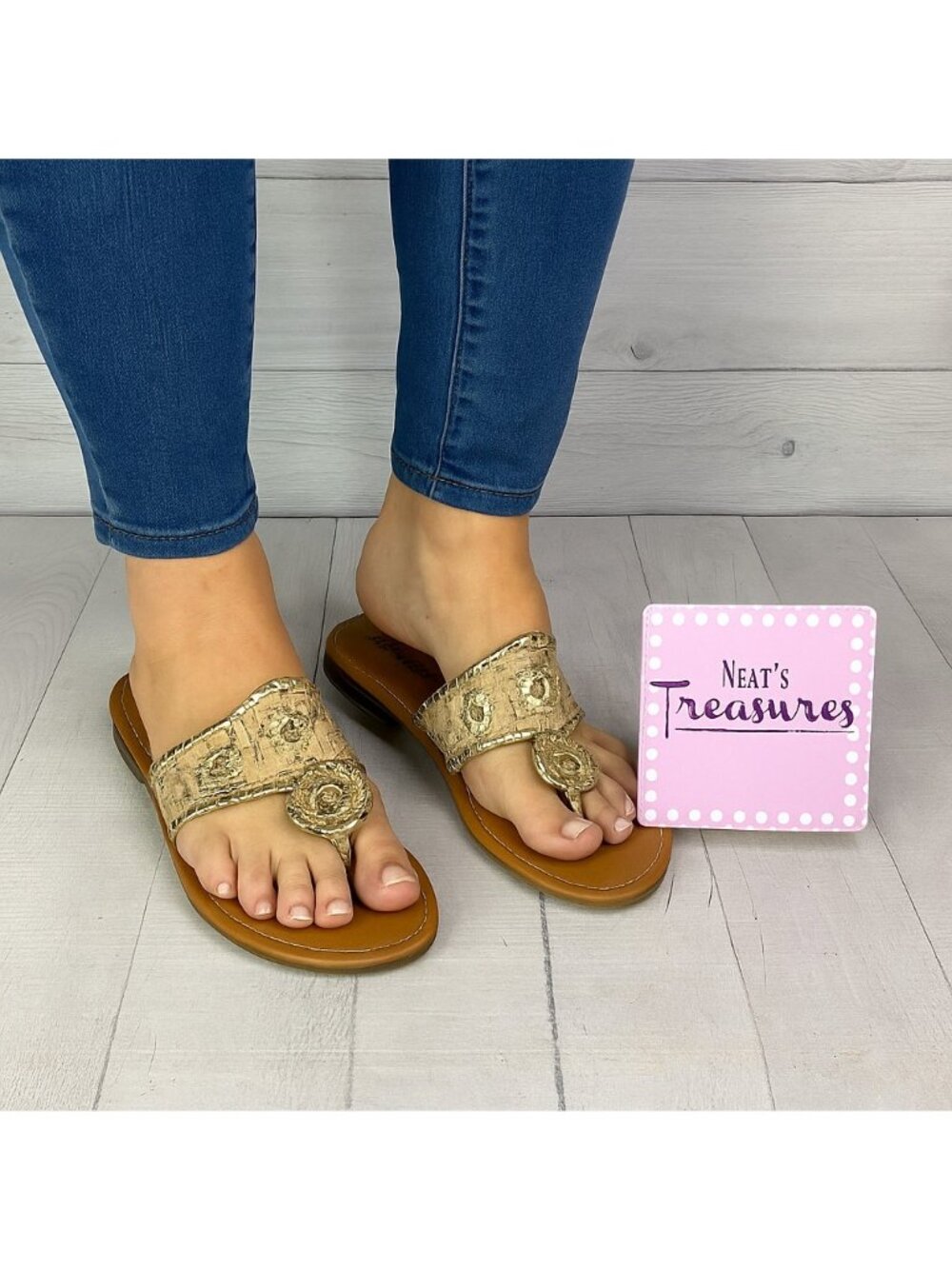 Dept 222 KELLY Leather Faux Cork Slip On Open Toe Low Heel Thong Sandals Sz 8 M